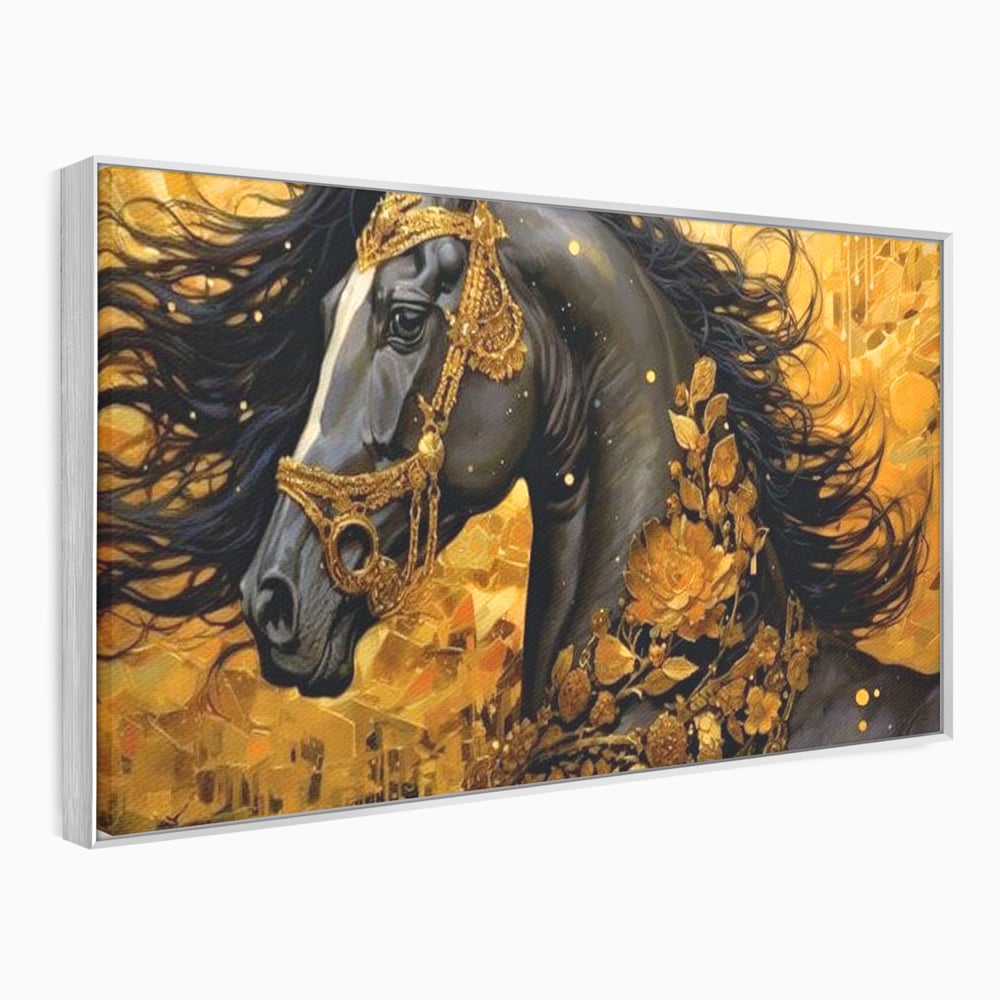Tablou canvas cu tablou canvas cu armasar negru si ornamente aurii, in rama de aluminiu argintiu